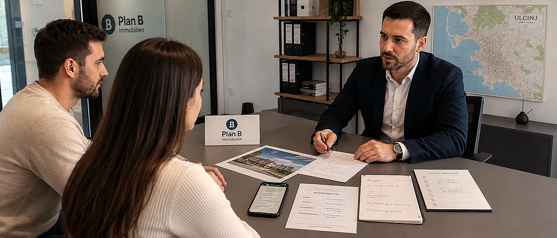 Ein Mann im Anzug sitzt mit einem Mann und einer Frau an einem Schreibtisch und bespricht Dokumente. Auf dem Tisch liegen Papiere, ein Notizbuch und ein Smartphone. An der Wand hinter ihnen befinden sich ein Firmenschild, Regale und eine Landkarte.