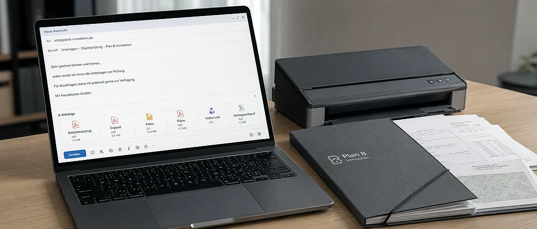 Auf einem Holzschreibtisch steht ein Laptop, auf dessen Bildschirm ein E-Mail-Entwurf zu sehen ist. Daneben befinden sich ein Drucker mit Scanner und ein geöffneter Ordner mit der Aufschrift „Plan B“, in dem und unter dem teilweise Dokumente zu sehen sind.