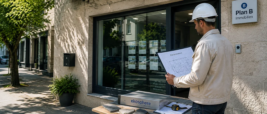 Ein Mann mit weißem Schutzhelm und Jacke studiert vor einem Büro, in dessen Schaufenster Immobilienanzeigen ausliegen, auf einem Klemmbrett Baupläne. Vor ihm stehen ein Tisch mit Baumaterialien, eine Mappe mit der Aufschrift „ekosphere“ und ein Maßband.