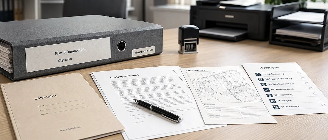 Ein Schreibtisch mit einem großen Ordner mit der Aufschrift „Plan B Immobilien“, Unterlagen, einem Stift, einem Stempel, einem Notizblock und einem Drucker im Hintergrund. Zu den Unterlagen gehören Formulare, ein Grundriss und eine Checkliste.