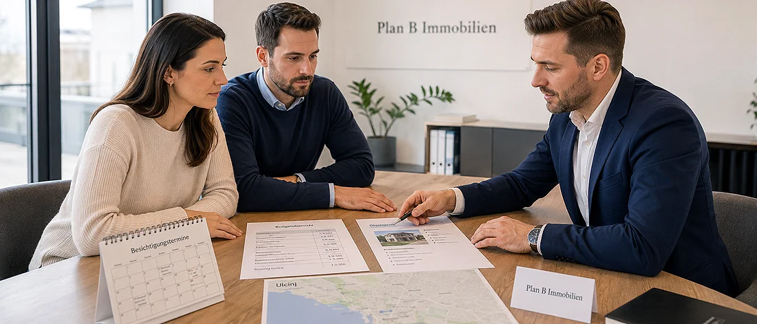 Ein Mann im Anzug sitzt mit einem Paar an einem Schreibtisch und bespricht ausgedruckte Unterlagen und eine Karte. An der Wand des Raums hängt ein Firmenschild mit der Aufschrift „Plan B Immobilien“, und auf dem Tisch liegen Büromaterialien.