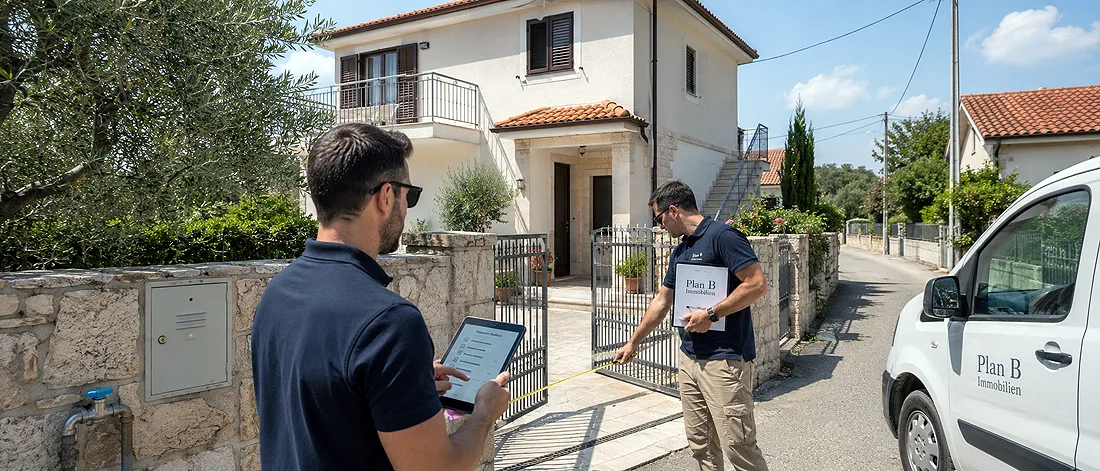 Immobilienprüfung - Zwei Männer in marineblauen Hemden stehen vor einem weißen Haus mit Ziegeldach; der eine hält ein Tablet in der Hand, der andere misst mit einem Maßband. Beide haben Schreibunterlagen mit der Aufschrift „Plan B“. In der Nähe steht ein weißer Transporter mit der Aufschrift „Plan B“.