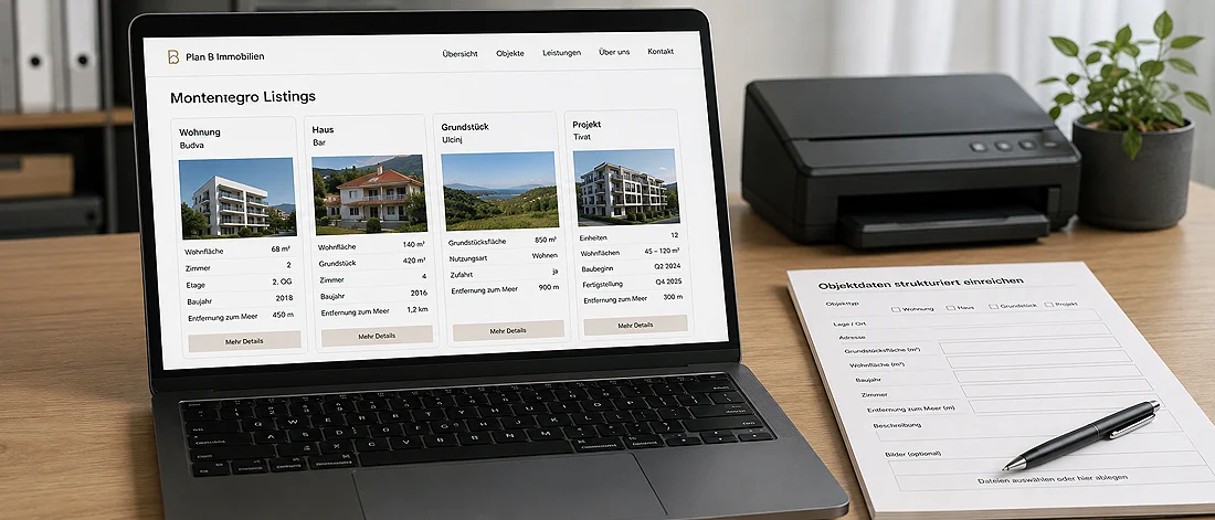Auf einem Schreibtisch steht ein Laptop, auf dem Immobilienanzeigen mit Fotos und Details zu den Objekten auf Deutsch angezeigt werden. Neben dem Laptop befinden sich ein Drucker und ein Formular mit einem Stift auf einem Klemmbrett. Die Szene scheint in einem Büro zu spielen.