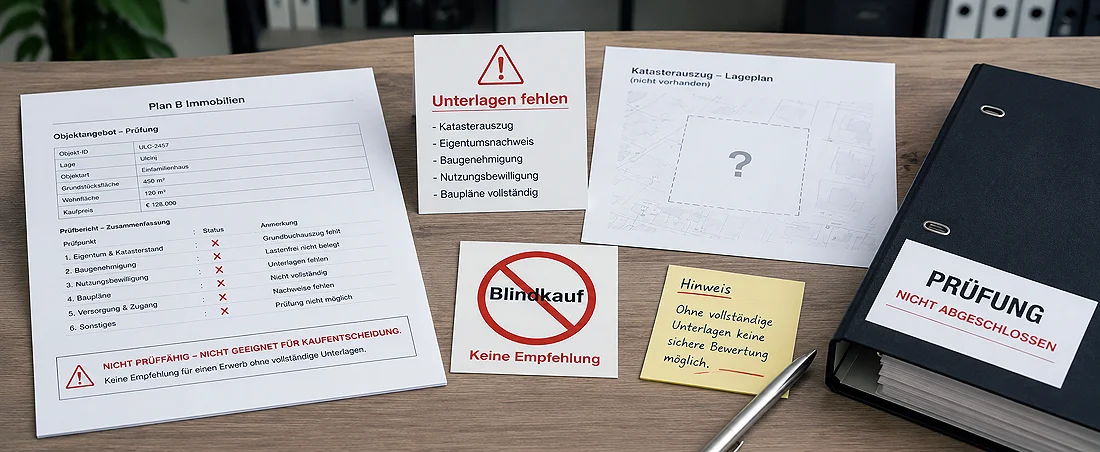 Ein Schreibtisch mit Unterlagen und einem Ordner mit der Aufschrift „Prüfung nicht abgeschlossen“. Unter den Unterlagen befinden sich fehlende Eigentumsunterlagen, eine Notiz mit dem Vermerk „Keine Empfehlung“ sowie Checklisten mit roten Kreuzen. Außerdem liegen ein Stift und Haftnotizen darauf.