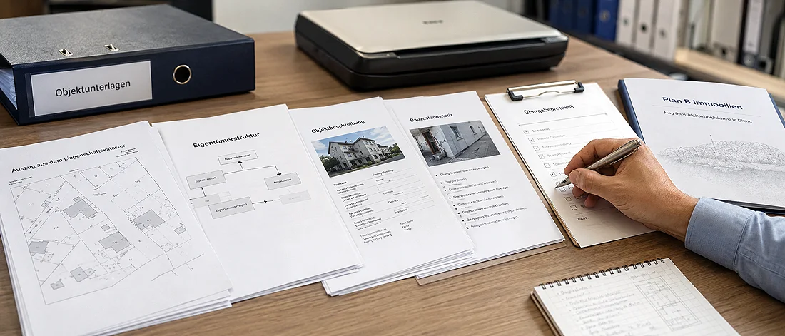 Eine Person hält einen Stift über ein Klemmbrett mit einer Checkliste. Auf dem Schreibtisch liegen Immobilienunterlagen, Baupläne, Fotos der Immobilie, eine blaue Mappe, ein Notizblock und ein Flachbettscanner.