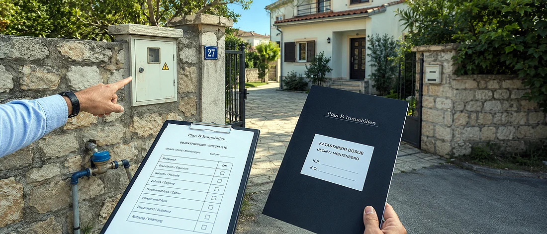 Eine Person mit einer Checkliste und einer Mappe in der Hand steht vor einem Haus mit Steinmauer und zeigt auf einen Stromkasten neben dem Tor. An der Wand ist die Hausnummer 27 zu sehen, und das Grundstück ist von Grünflächen umgeben.