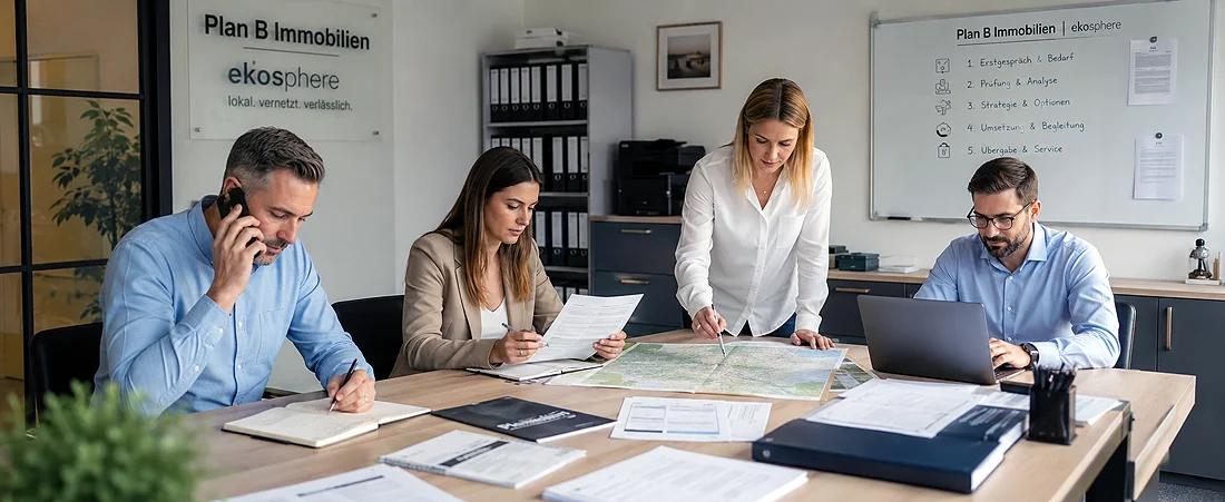 Vier Personen in Geschäftskleidung sitzen in einem Büro um einen Tisch herum und sehen sich Dokumente und Karten an. Eine Person telefoniert, eine arbeitet am Laptop und zwei weitere sehen sich Unterlagen an. Im Hintergrund sind ein Whiteboard und Aktenordner zu sehen.