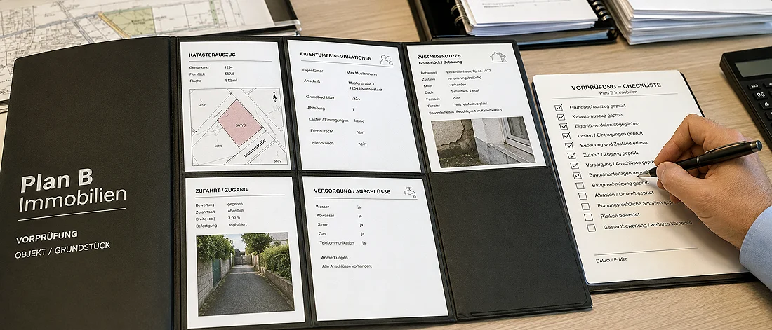 Eine Person füllt eine Checkliste auf einem Klemmbrett aus, das neben einem offenen Ordner mit der Aufschrift „Plan B Immobilien“ liegt, der Immobilienunterlagen, Karten und Fotos enthält. Der Ordner steht auf einem Schreibtisch, auf dem Papiere und ein Taschenrechner liegen.