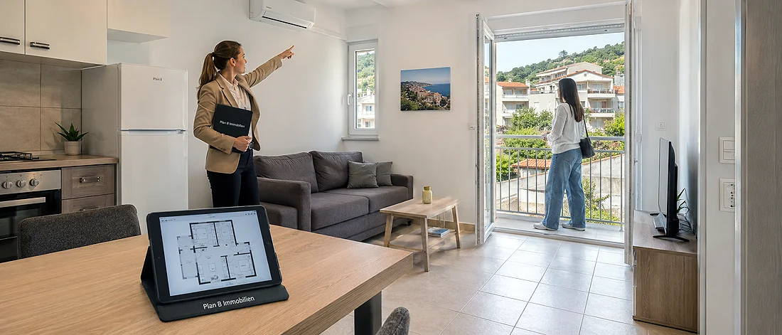 Ein Immobilienmakler deutet auf eine Klimaanlage in einem modernen Wohnzimmer, während eine andere Person auf dem Balkon steht. Auf dem Esstisch im Vordergrund liegt ein Tablet, auf dem ein Grundriss zu sehen ist.