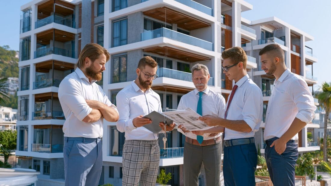 Immobilien in Montenegro - Personen prüfen vor einem modernen Wohngebäude Dokumente und Schlüssel.